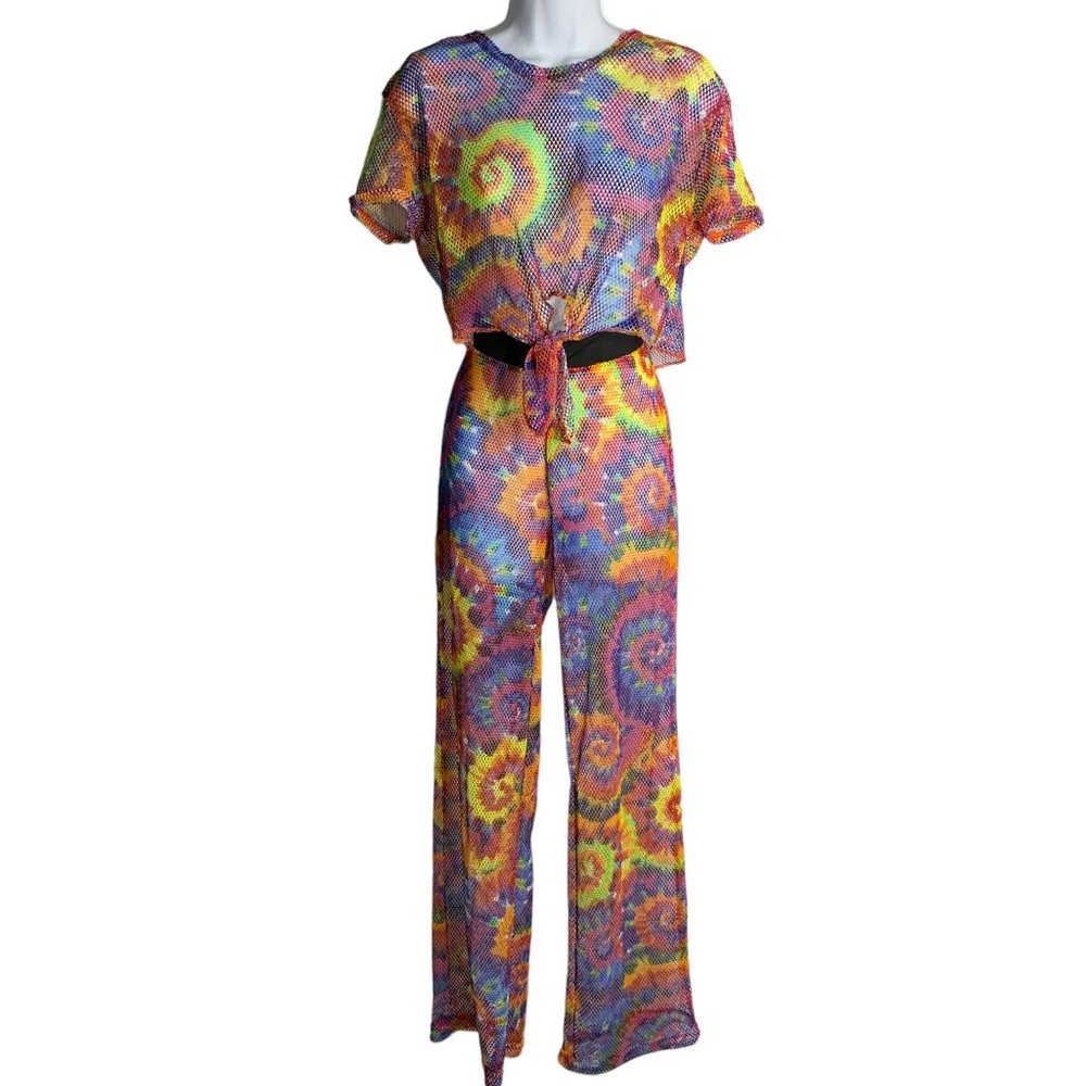 Love Crochet Knit Tie Dye Set M Rainbow Crop Top Elastic Waist Festival Cover Up